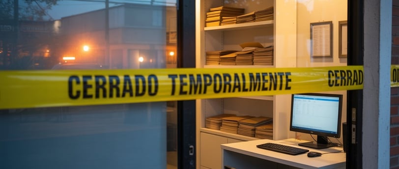 Negocio cerrado con cinta amarilla que indica “CERRADO TEMPORALMENTE”.
