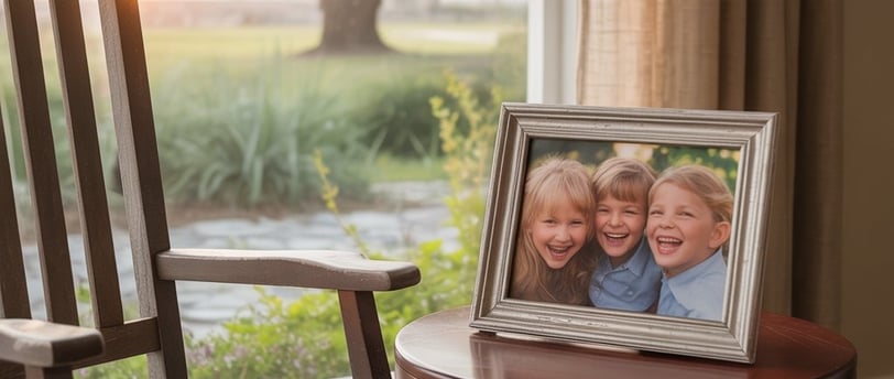 Silla mecedora vacía y mesa con foto de tres niñas sonrientes en una sala luminosa al atardecer,.