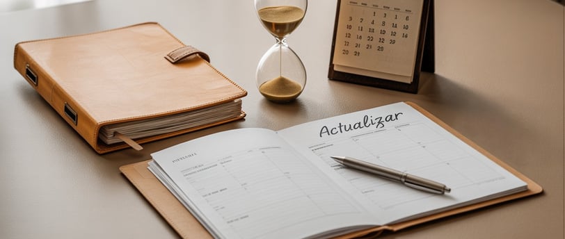 Agenda abierta con la palabra “Actualizar”, junto a un reloj de arena y calendario de sobremesa.