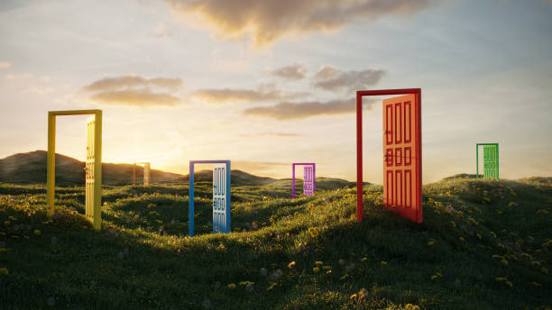 a field with a red door and a red door