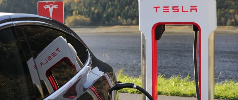 Tesla electric car, charging at a Tesla charging station