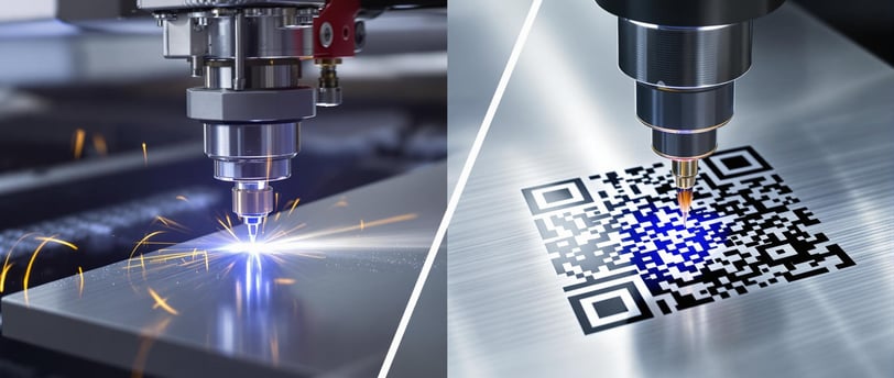 Close-up of laser cutting a metal sheet and laser engraving a QR code on aluminum