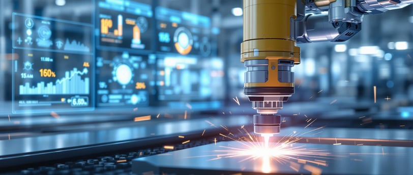 Robotic arm with laser cutting metal in a smart factory environment