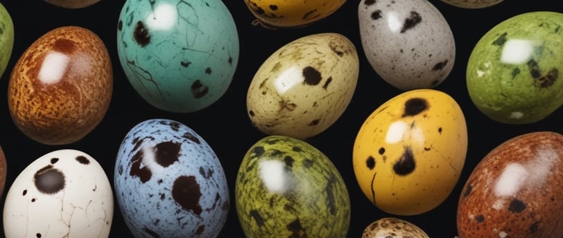A speckled egg is nestled among corks and straw, creating a rustic and earthy setting. The focus is on the egg's textured surface, showcasing its unique pattern of dark spots against a light background.