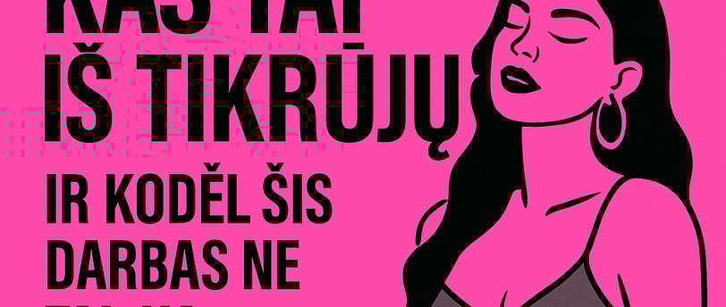 „Konsumacija – kas tai iš tikrųjų?“ – ryškiai rožinis plakatas su drąsiu užrašu ir stilingos merginos iliustracija, simbolizu