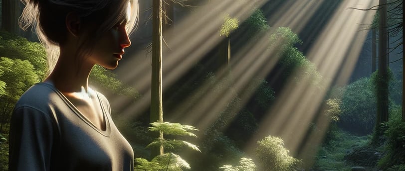 a woman standing in a forest with sunlight shining through the trees