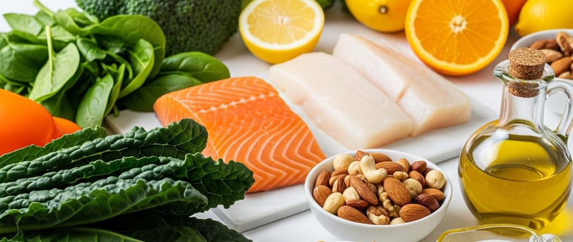 "Alimentos naturais para reverter gordura no fígado dispostos em mesa organizada"