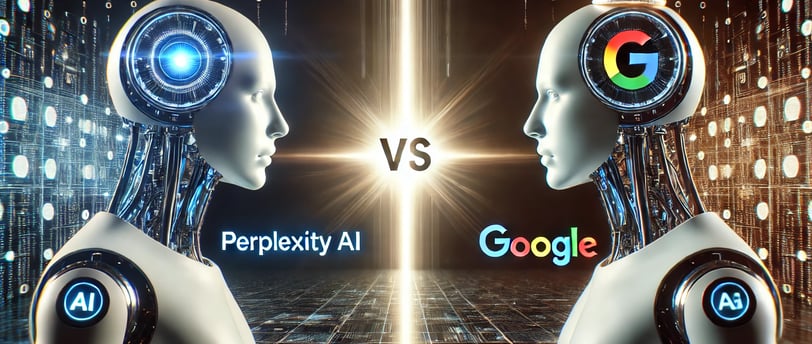 AI-figuren, Perplexity links, Google rechts met kroon, symboliseert concurrentie.