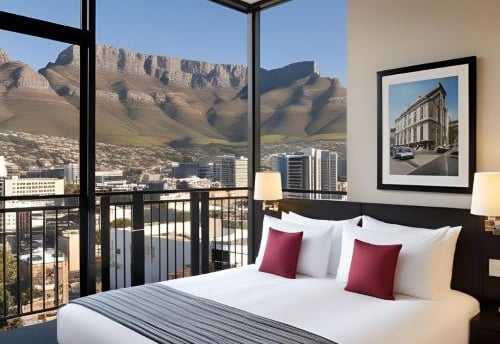 a bedroom with a view of a mountain view