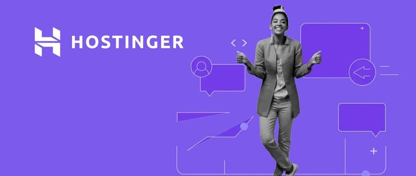 a woman in a suit and a purple background with the word hostinger