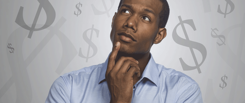a man with a finger on his chin, looking up at a dollar sign