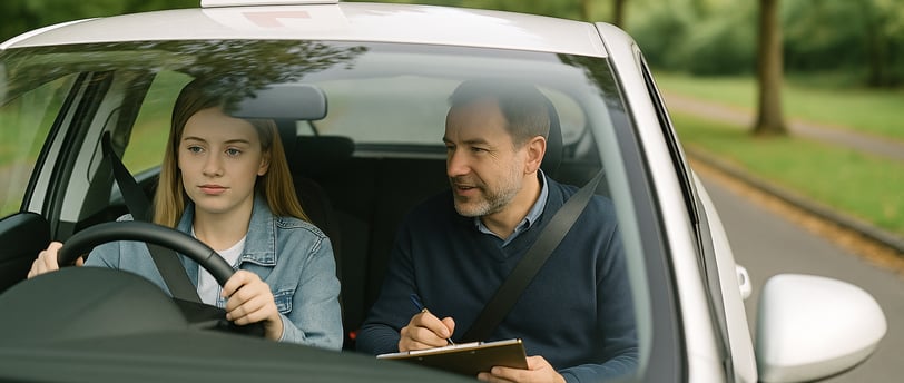 Learner driver during a lesson with driving instructor in Chingford on a quiet UK street