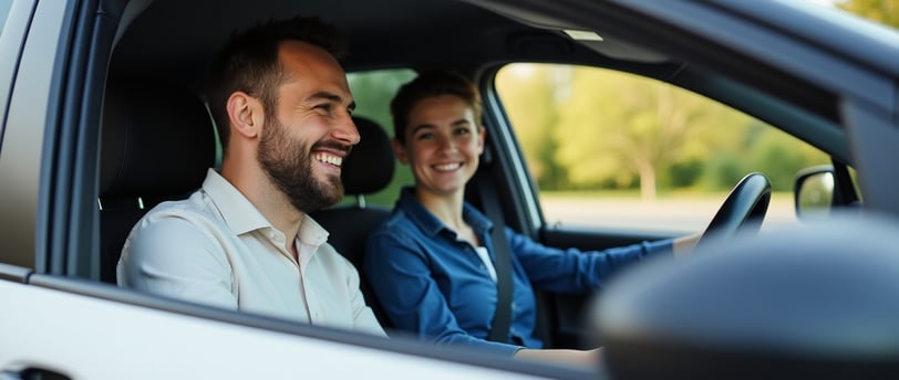 Supportive driving instructor in Loughton giving calm guidance to a young learner during lesson