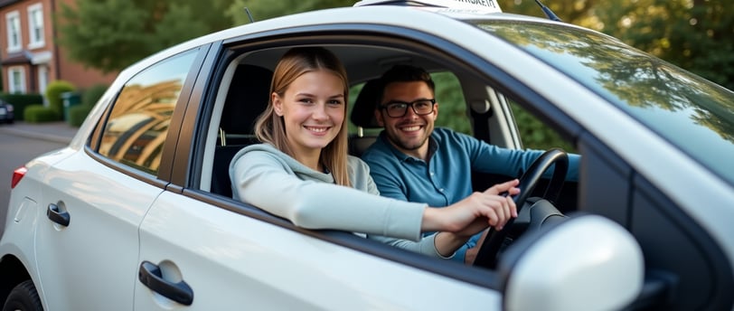 First-time learner receiving driving instruction in Wanstead with L-plate car on quiet UK street