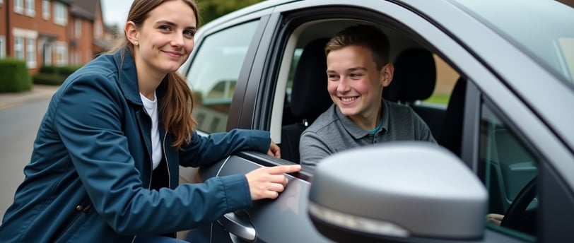 Driving instructor guiding nervous learner after a minor mistake during a lesson in Chingford