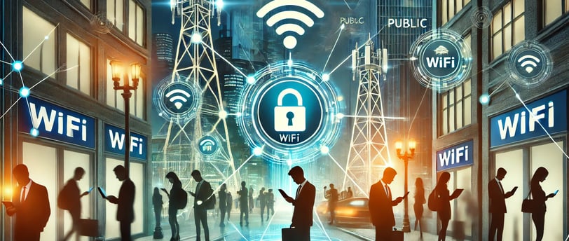 An illustration of a bustling urban setting with people using smartphones and laptops connected to p