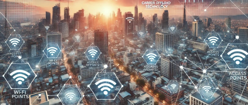 An urban cityscape with Wi-Fi signal icons seamlessly connecting various locations, showcasing moder