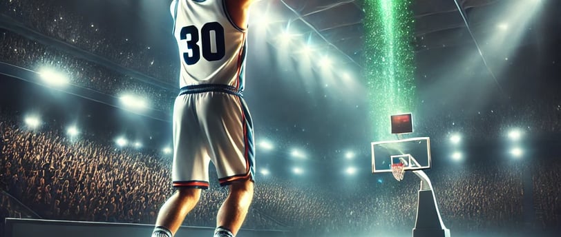 A basketball player wearing a number 30 jersey takes a three-point shot from beyond the arc with per