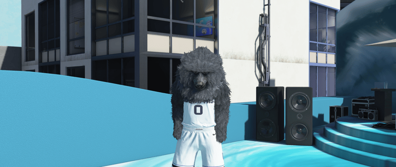 BEAR! 🔥 A dominant 2K25 player rocks the black bear mascot suit, standing bold in a futuristic court—ready to own the game!