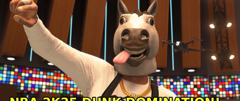 A character in NBA 2K25 wearing a horse mask, a gold chain, and a white long-sleeve shirt, raising a