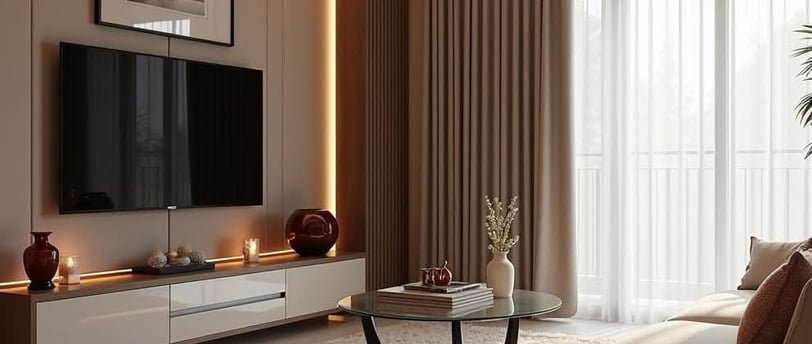 a luxury tv lounge with double curtain velvet curtain at front and shafoon sheer curtain at back
