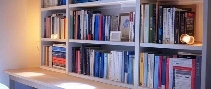 a book shelf with books and a lamp