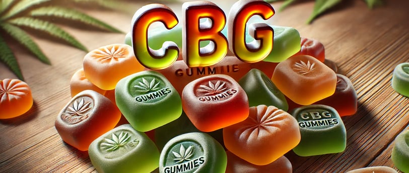 A close-up of delicious-looking CBG gummies in vibrant, earthy colors with the words 'CBG GUMMIES' p