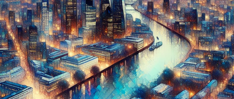 a cityscape of a city with a river and a bridge