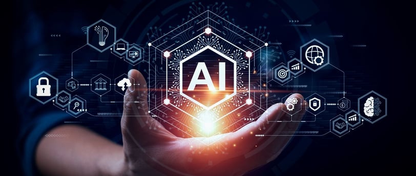 Imagem futurista uma mão  segurando um símbolo da inteligência  artificial 