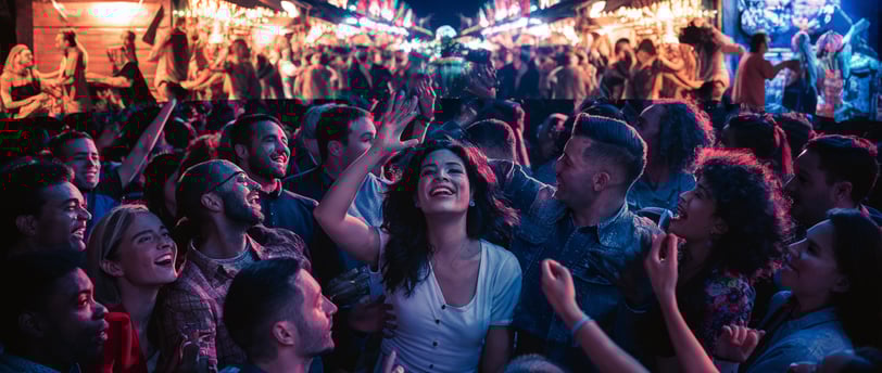 a woman in a white shirt is dancing in a crowded street