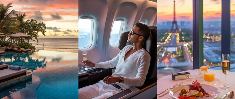 a collage of a man drinking wine in a plane, a top view of Eiffel Tower and a pool