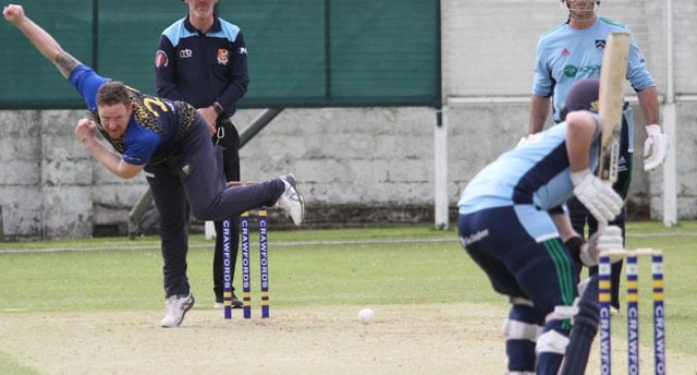 Stephen Bunting of Woodvale bowls to Ryan Hunter of CSNI, courtesy of CricketEurope
