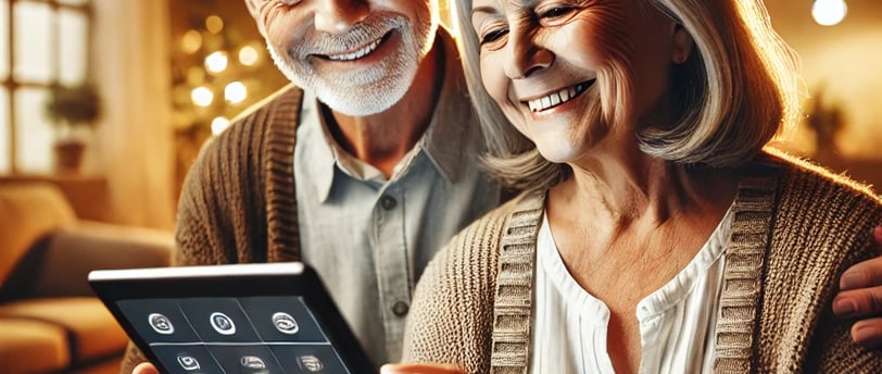 Un couple senior utilise un dispositif de technologie intuitive avec un écran simple et lisible dans