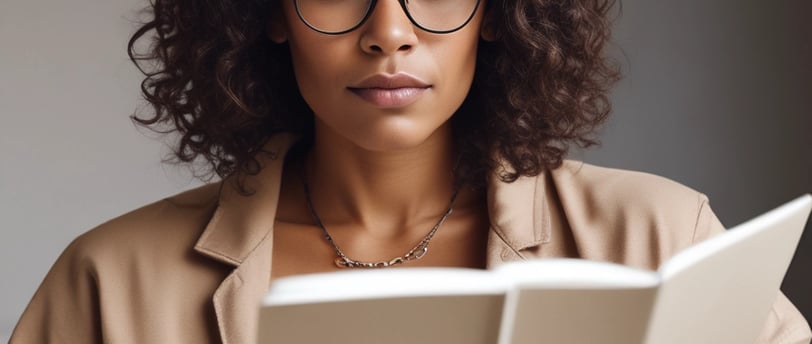 A person in a floral shirt is sitting at a wooden table reading a book titled 'Expert Secrets' by Russell Brunson. Next to them is a laptop and a black mug with '80/20' printed on it. The background features a blurred cafe environment with other people, creating a relaxed and cozy atmosphere.
