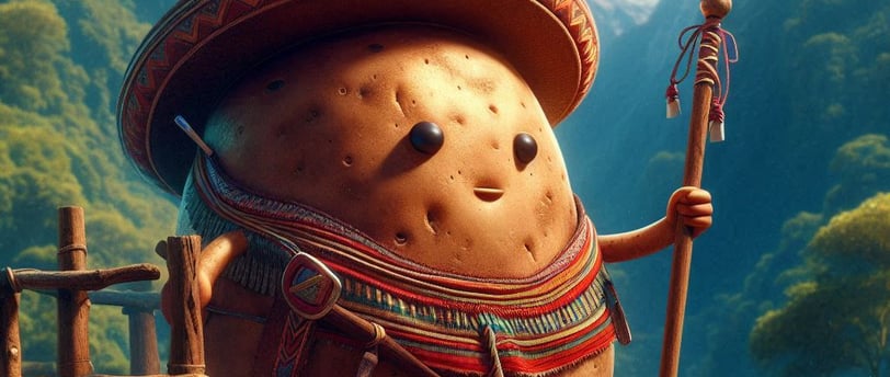  "Ilustração de uma batata antropomorfizada vestida com trajes incas, segurando uma lança e olhando 