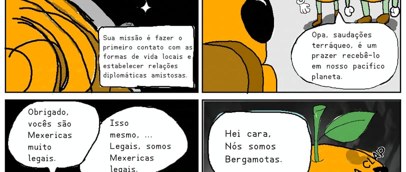 Tirinha de quatro quadros com o personagem cozinheiro Espacial X ele foi para o planeta de mexericas