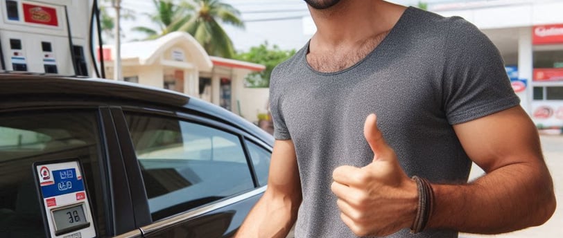  Man smiling and giving a thumbs up next to his car at a fuel station, celebrating high mileage.
