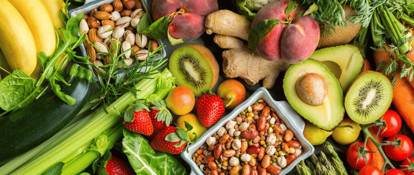 a variety of fruits and vegetables are displayed on a table