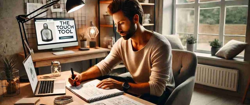 a man sitting at a desk with a laptop and a notebook