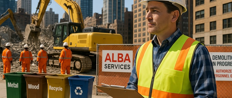 Andrew Horan at NYC jobsite with crew, demonstrating ethical demolition standards through leadership
