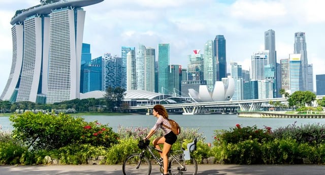 a woman riding a bicycle in front of a city skyline
