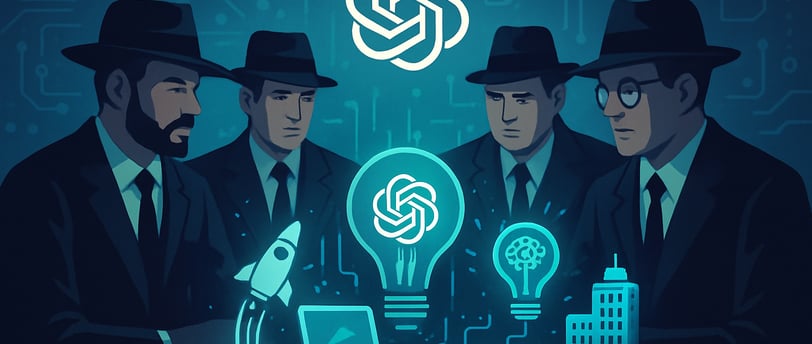 Ilustração de estilo moderno mostrando quatro figuras de terno e chapéu, simbolizando ex-funcionário