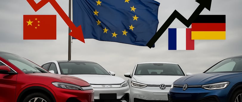 Coches eléctricos chinos y europeos enfrentados en un escenario simbólico de tensión comercial.
