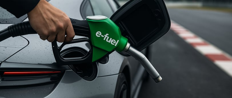  Depósito de combustible e-fuel siendo llenado en un coche deportivo durante pruebas en circuito