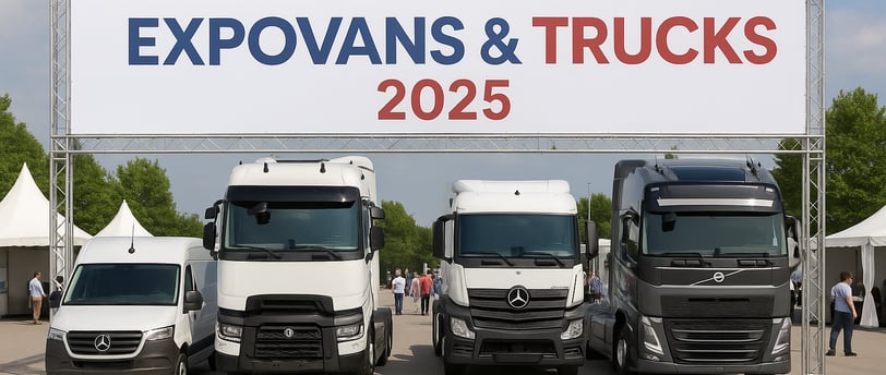 Camiones eléctricos y diésel en la entrada de EXPOVANS & TRUCKS 2025, con asistentes observando