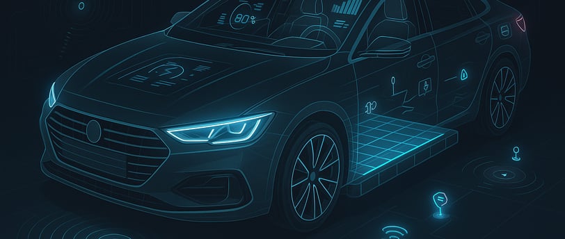 Concepto técnico de un coche moderno en 2025 con interfaz digital y arquitectura electrónica avanzad