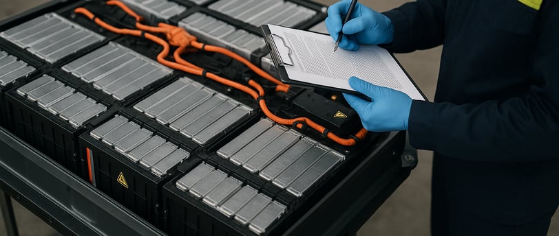 Técnico automotriz revisando una batería de vehículo eléctrico en taller, conforme al Reglamento Eu