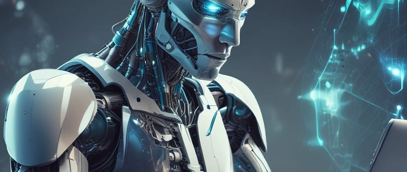 A robotic apparatus is interacting with a keyboard, using articulated, mechanical arms and fingers equipped with wires and various components. The background is predominantly blue, providing a contrast to the metal and electronic elements of the robot.