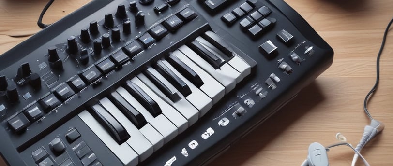 A close-up view of an electronic music production device with multiple buttons and knobs. The device has various labeled buttons such as 'Kick', 'Snare', 'Metal', 'Perc', and 'Tone'. Several knobs are arranged in rows, and there are colorful light streaks across the image. To the left, coiled cables and part of a headphone are visible.