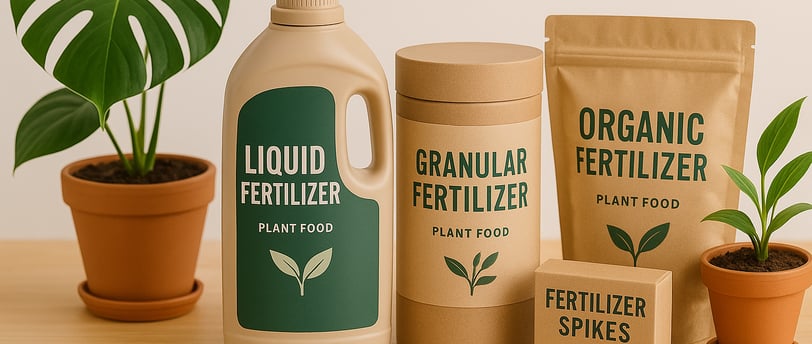Two houseplants and four different types of fertilizer: liquid, granular, spike, and organic.